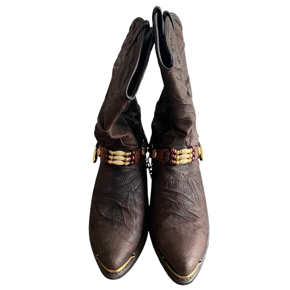 Vintage Dingo Brown Leather Cowboy Boots Beaded Harness Chain Metal Tip Sz 8 M